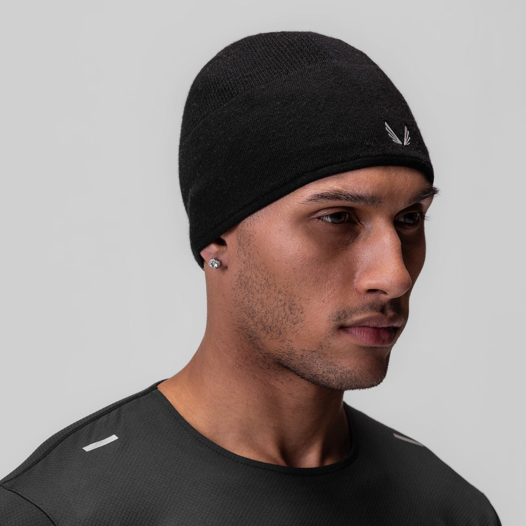 0936. Merino Wool Skull Cap - Black "Wings"