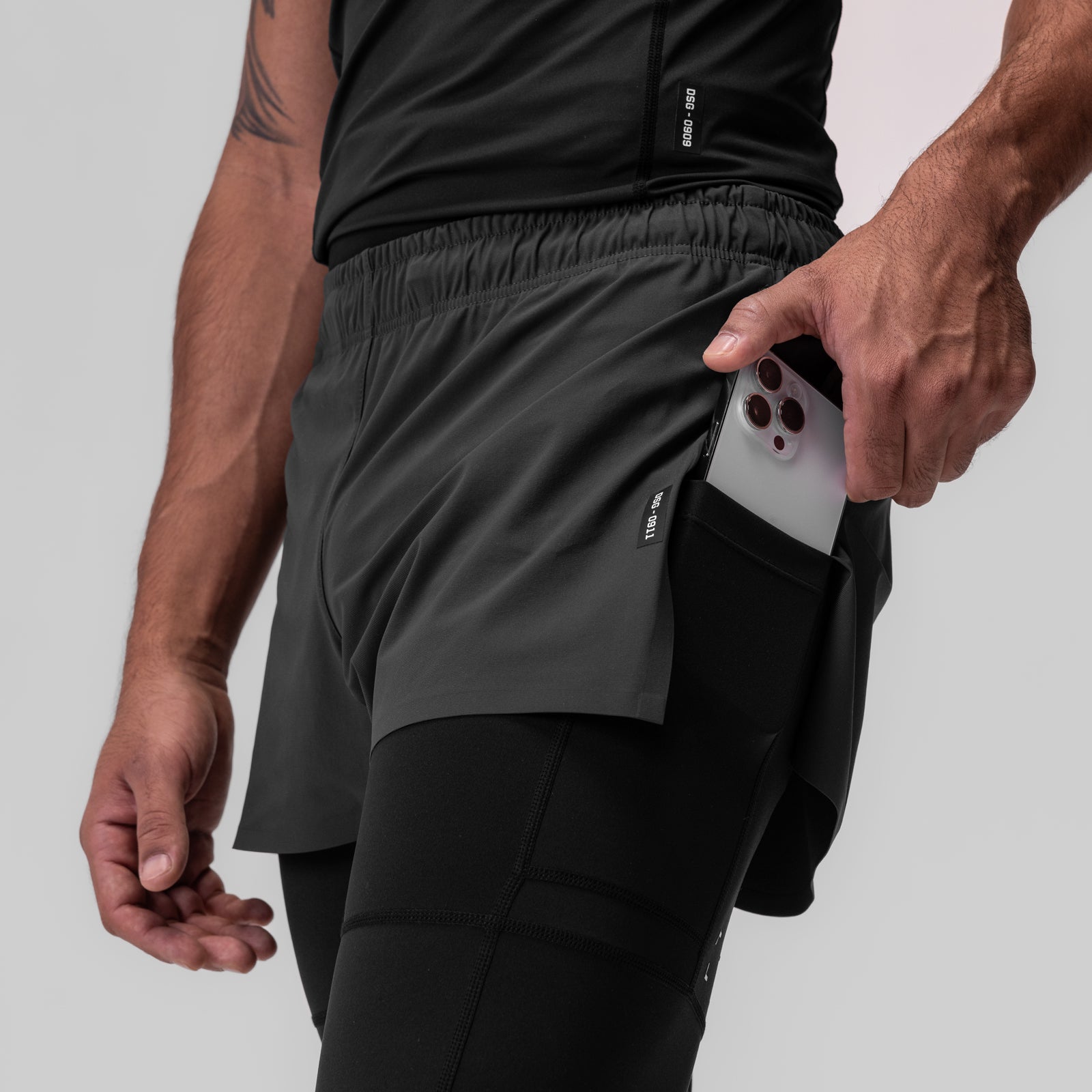 0911. Tetra-Lite® 2-in-1 High Split Legging Short - Space Grey "Cyber"/Black