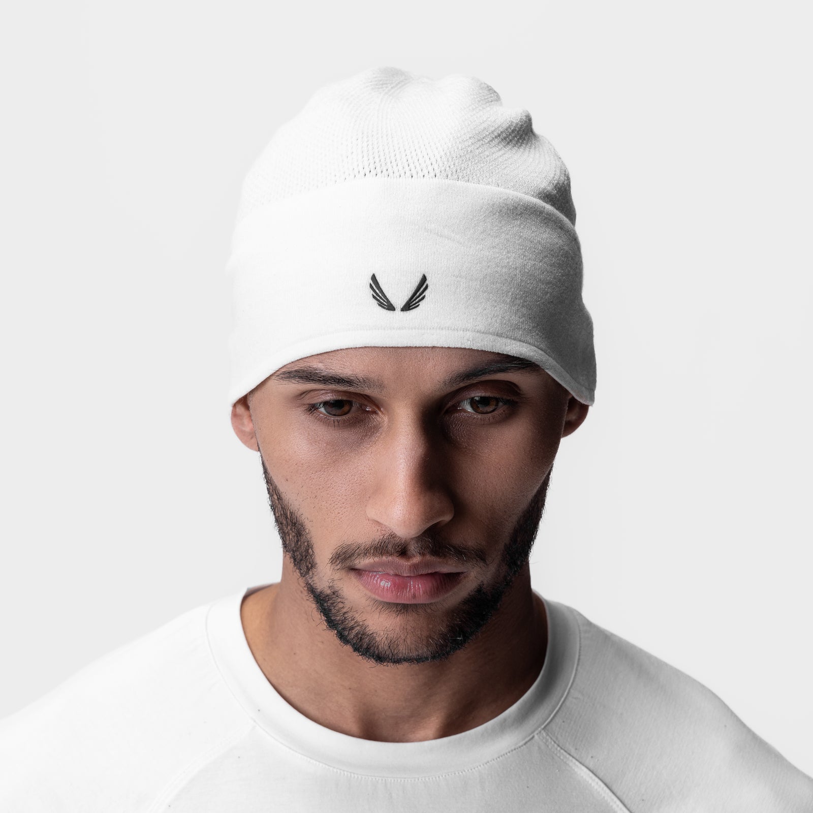 0936. Merino Wool Skull Cap - White "Wings"